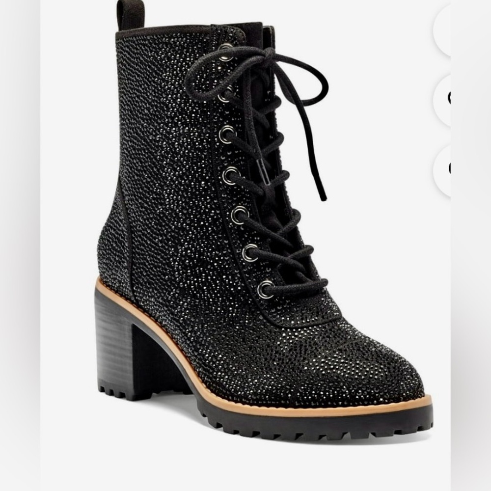INC ladies Samira Black Bling lace up (zipper side) boot size 7